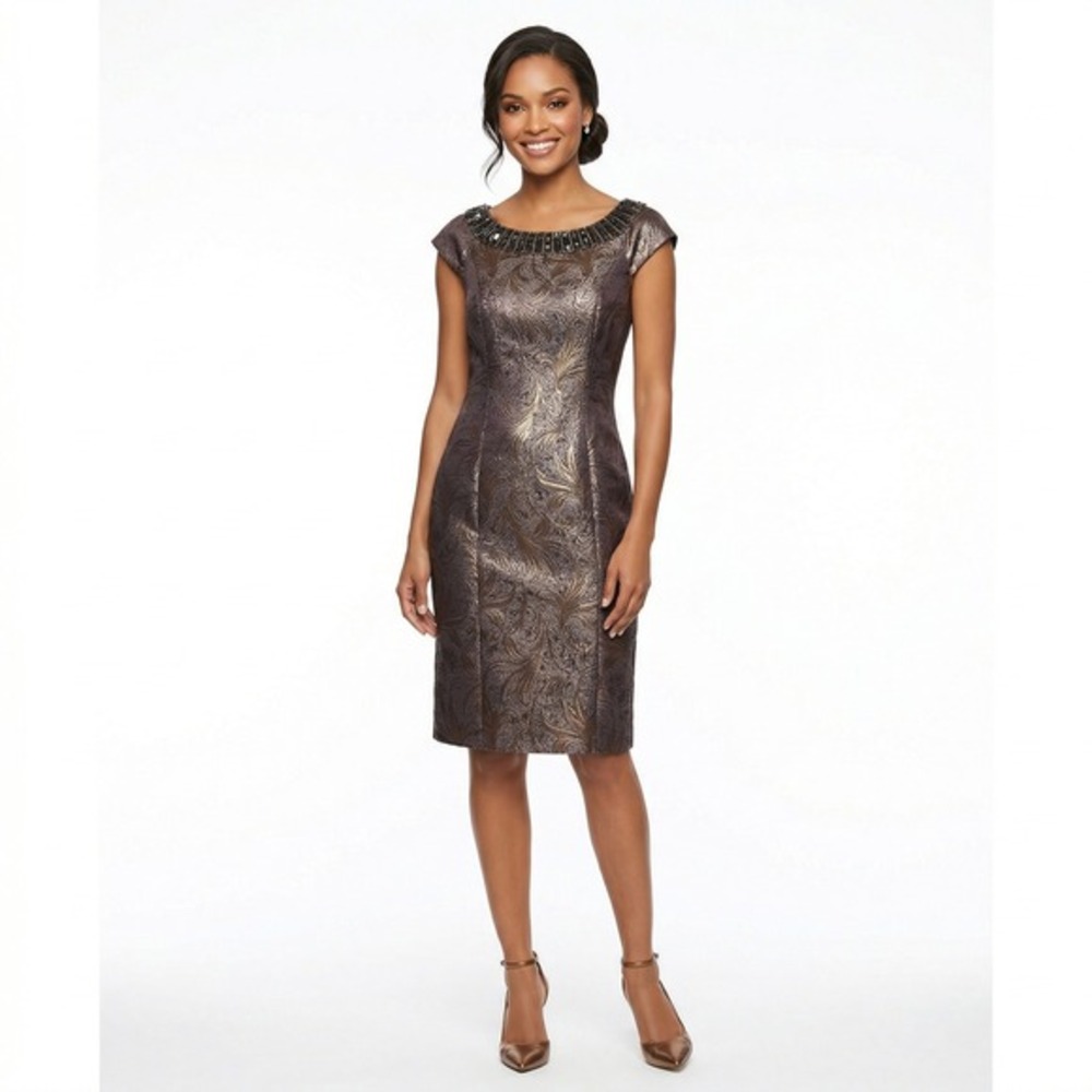 Spense Womens Dress Size 8 Bronze Metallic Cap Sleeve Embellished Cocktail Midi